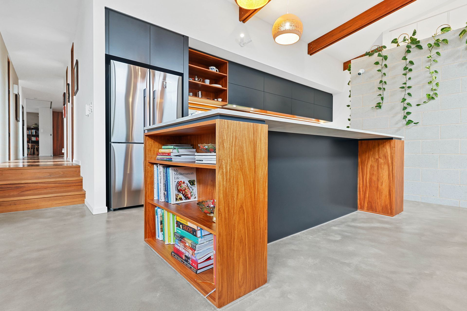 Modern Kitchen With Wood Island, Gray Cabinets — Above & Beyond Interiors in Smeaton Grange, NSW