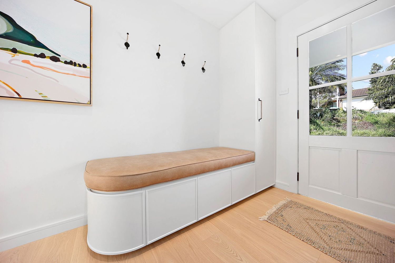 Bright Entryway With White Walls, Built-in Bench — Above & Beyond Interiors in Smeaton Grange, NSW