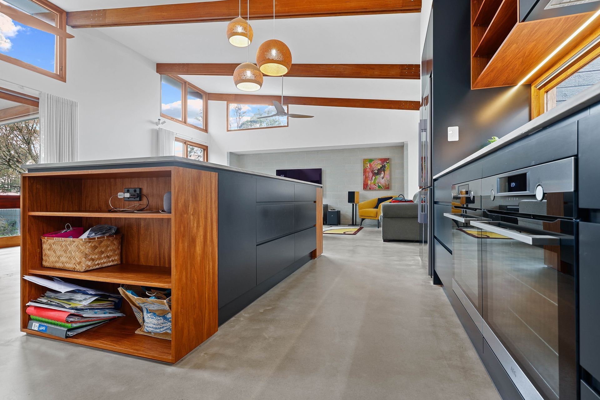 Modern Open-plan Kitchen With Wood Beams — Above & Beyond Interiors in Smeaton Grange, NSW
