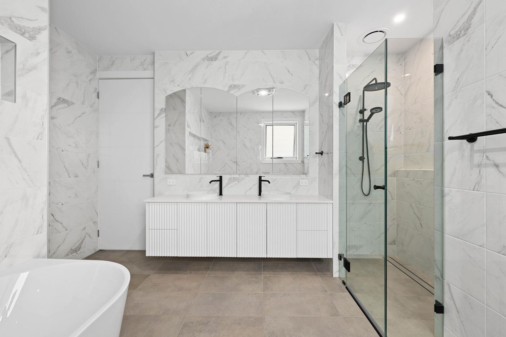 Modern White Bathroom With Double Vanity — Above & Beyond Interiors in Smeaton Grange, NSW