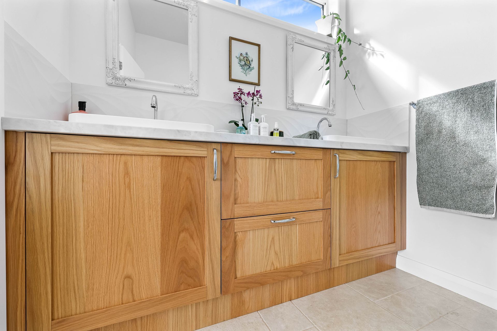 Bathroom Vanity With Wooden Cabinets, White Countertop — Above & Beyond Interiors in Smeaton Grange, NSW