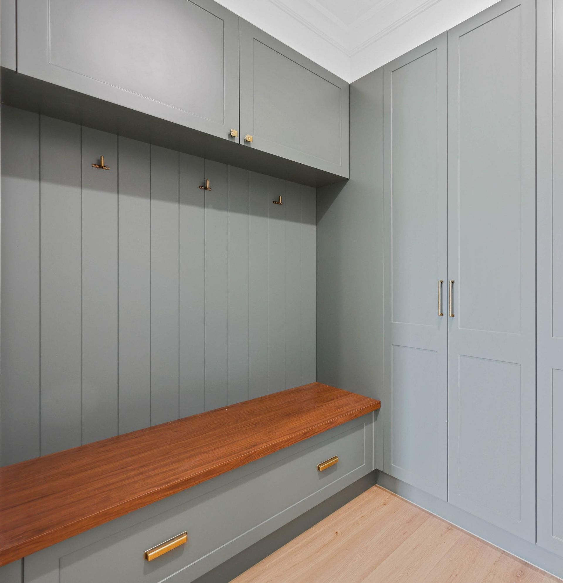 Built-in Gray Mudroom Bench — Above & Beyond Interiors in Smeaton Grange, NSW