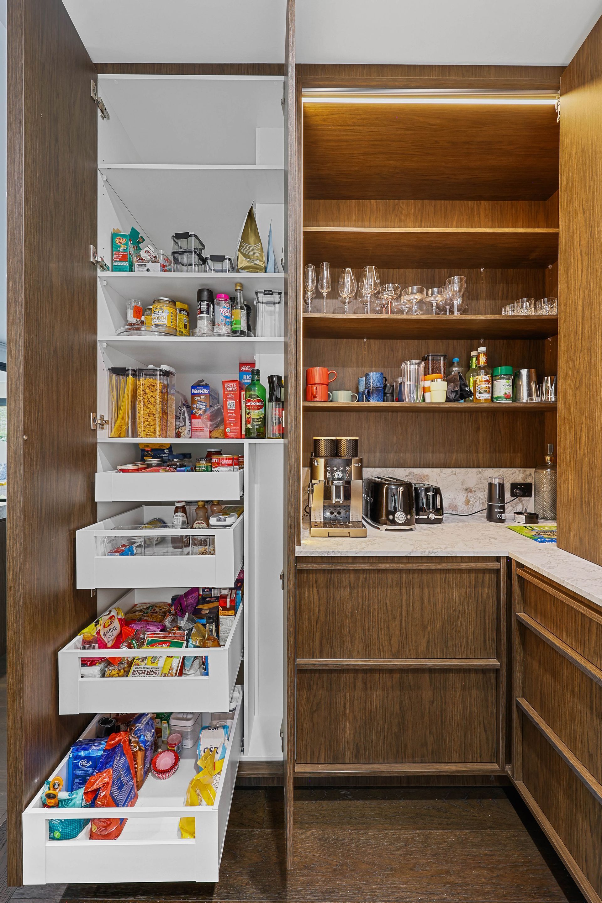 Pantry With Open Shelves, Countertop — Above & Beyond Interiors in Smeaton Grange, NSW
