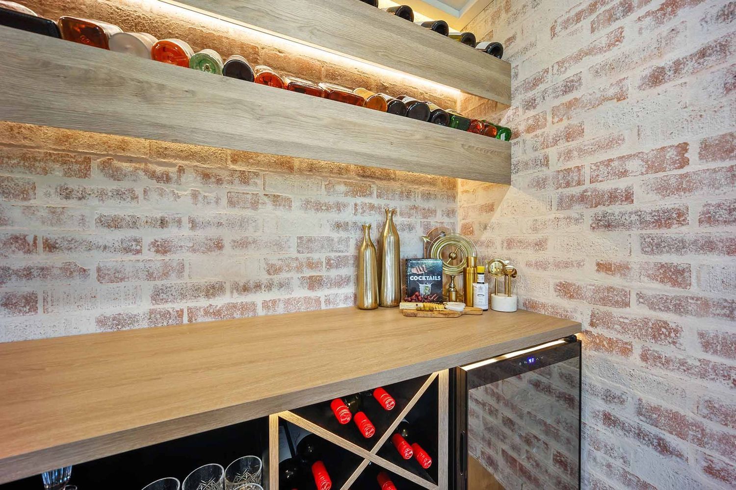 Wooden Wine Bar Corner With Brick Walls — Above & Beyond Interiors in Smeaton Grange, NSW
