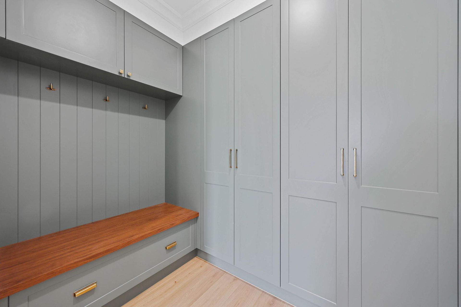 Gray Built-in Hallway Cabinets and Bench — Above & Beyond Interiors in Smeaton Grange, NSW