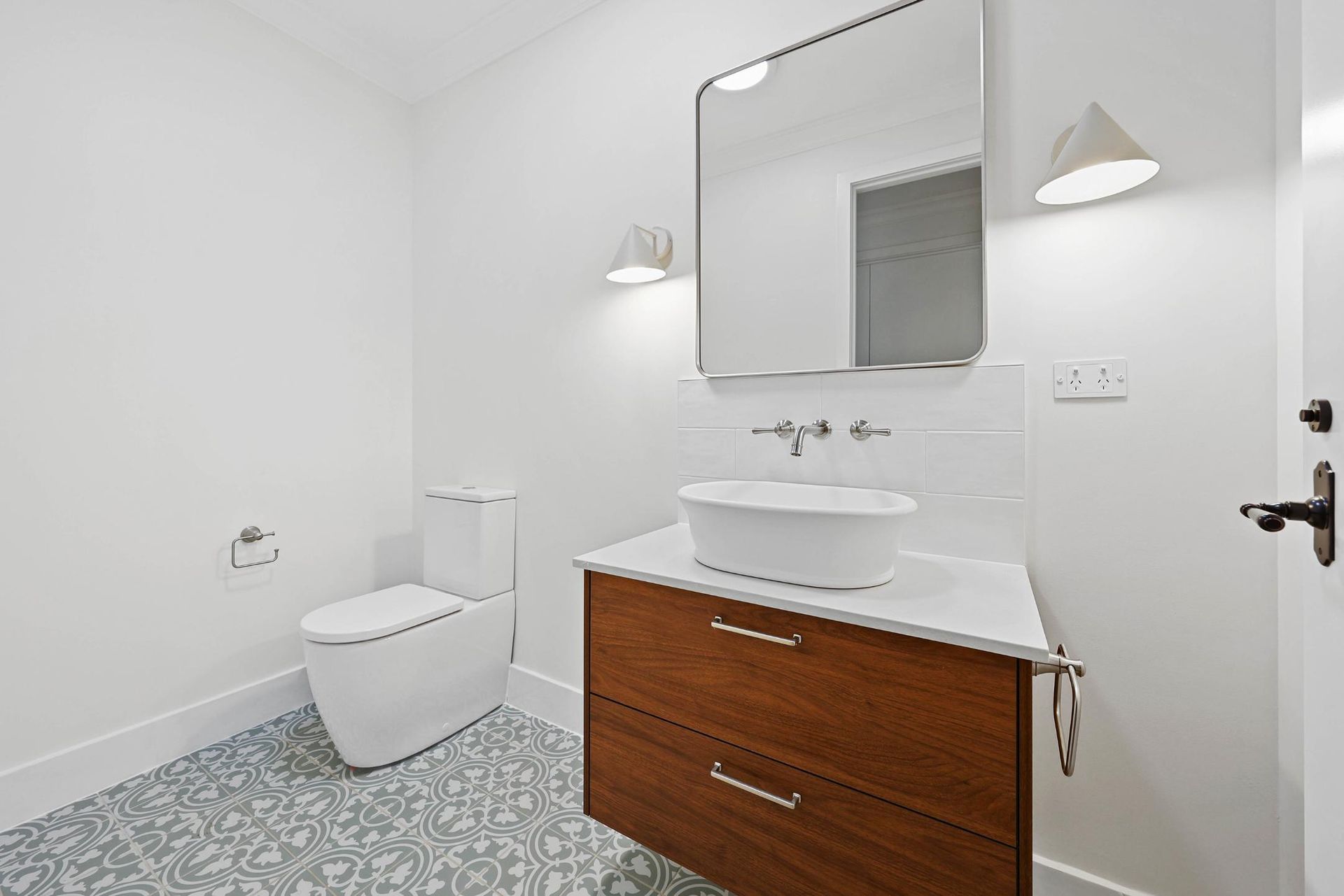 Modern Bathroom With Toilet, Wooden Vanity — Above & Beyond Interiors in Smeaton Grange, NSW
