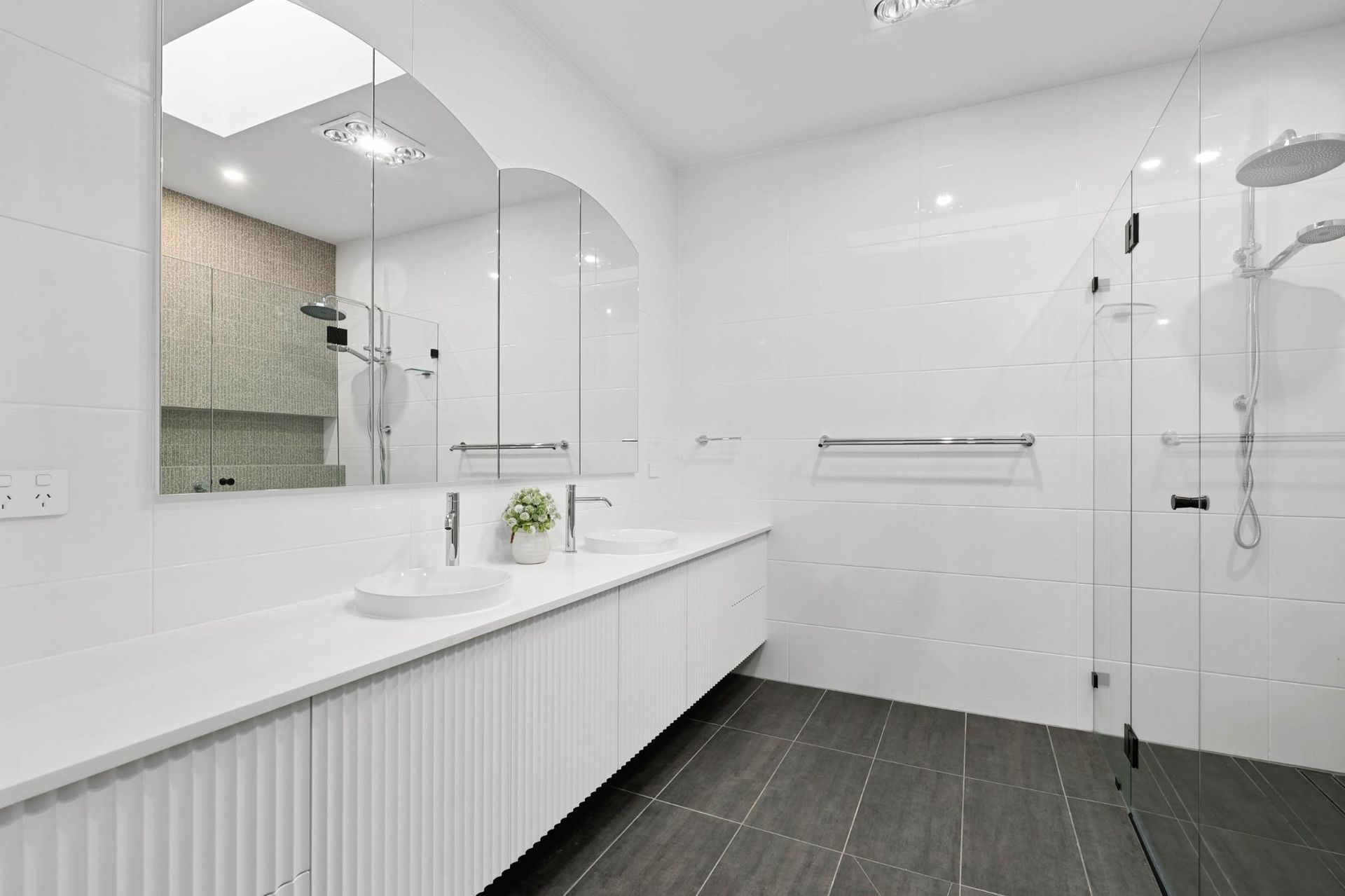 Modern White Bathroom With Double Vanity — Above & Beyond Interiors in Smeaton Grange, NSW