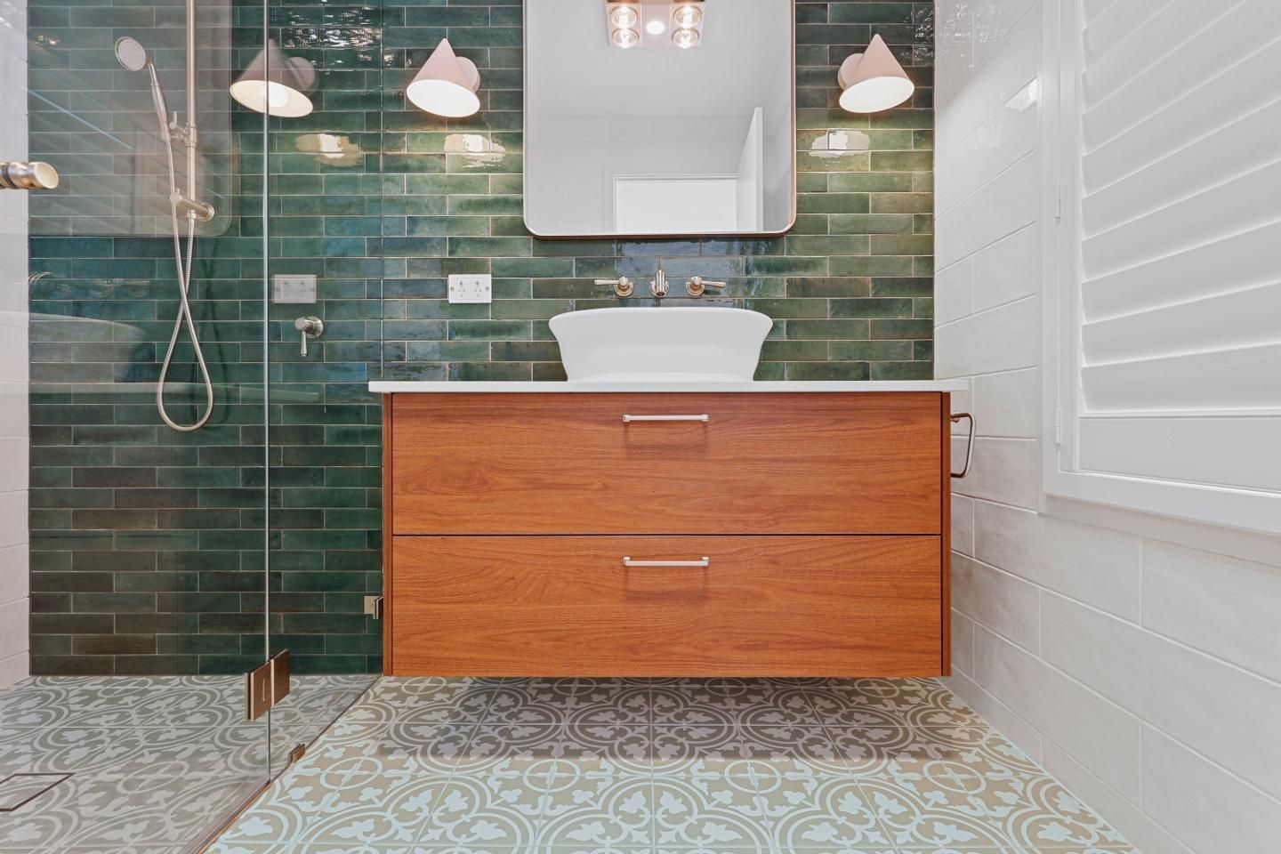 Modern Bathroom With Green Tile Shower — Above & Beyond Interiors in Smeaton Grange, NSW