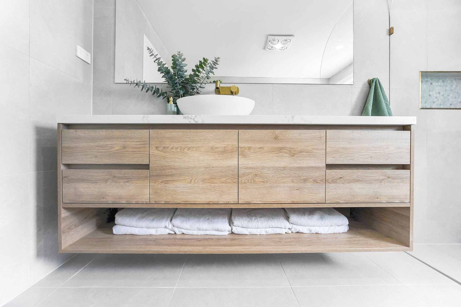 Modern Bathroom Vanity With Wood Drawers — Above & Beyond Interiors in Smeaton Grange, NSW