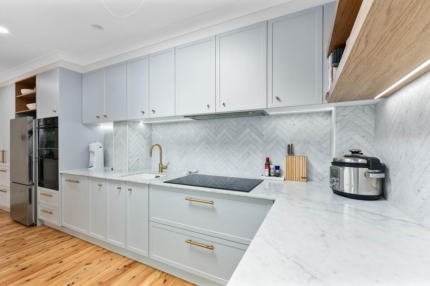 Modern Light-gray Kitchen With Marble Countertops — Above & Beyond Interiors in Smeaton Grange, NSW