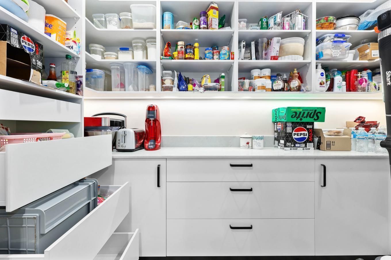 Bright White Pantry With Open Shelves, Drawers — Above & Beyond Interiors in Smeaton Grange, NSW