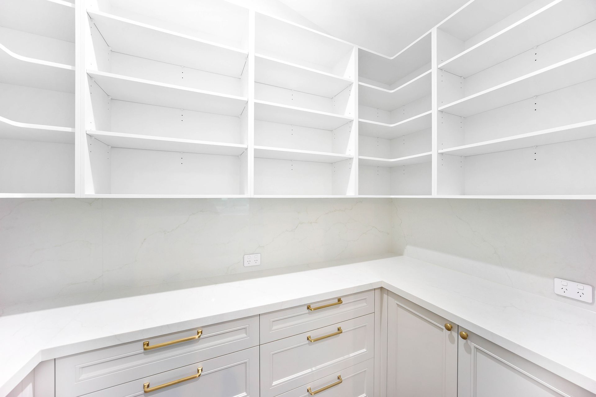 White Corner Kitchen Pantry With Open Shelves — Above & Beyond Interiors in Smeaton Grange, NSW