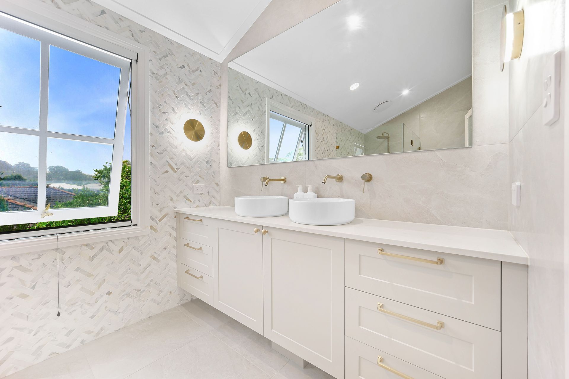 Bright White Modern Bathroom With Double Vanity — Above & Beyond Interiors in Smeaton Grange, NSW