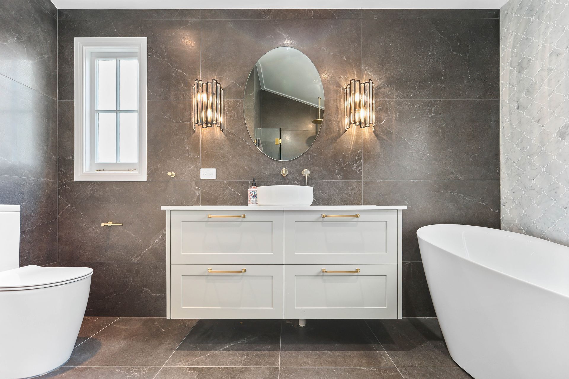 Modern Bathroom With White Double Vanity — Above & Beyond Interiors in Smeaton Grange, NSW