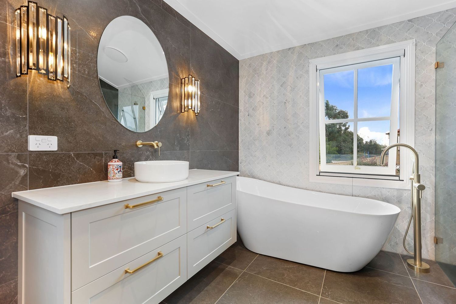 Modern Bathroom With Freestanding Tub, White Vanity — Above & Beyond Interiors in Smeaton Grange, NSW