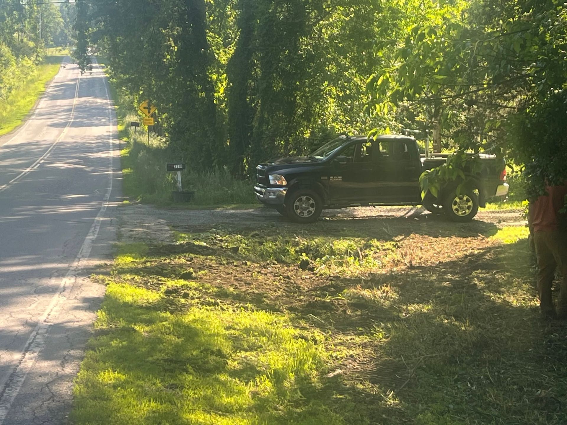 Black pickup truck parked off a sunlit road beside a grassy, wooded area