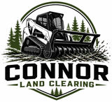 Connor Land Clearing logo with a black skid steer, pine trees, and green circular border
