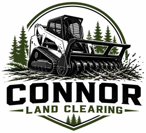 Connor Land Clearing logo with a black skid steer, pine trees, and green circular border
