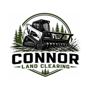 Logo for Connor Land Clearing with black skid steer and green trees inside a shield emblem