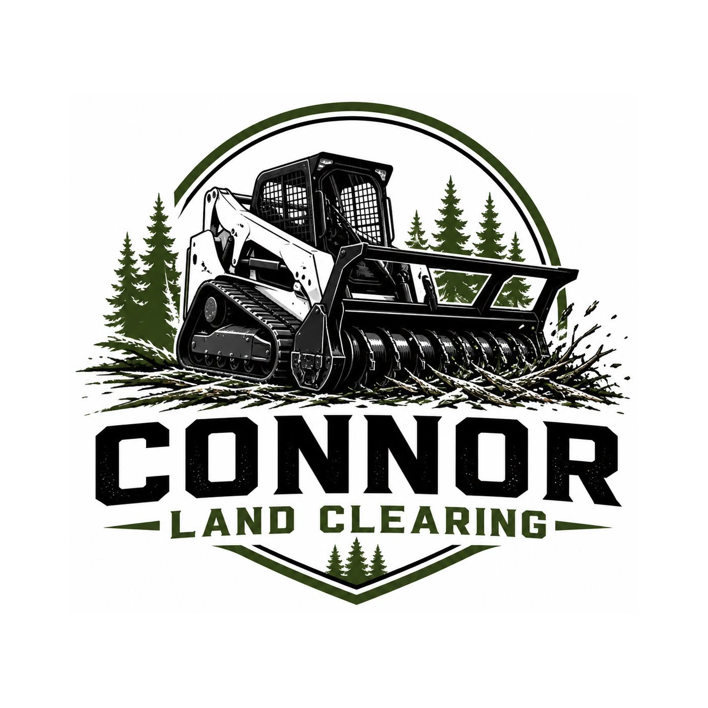 Logo for Connor Land Clearing with black skid steer and green trees inside a shield emblem