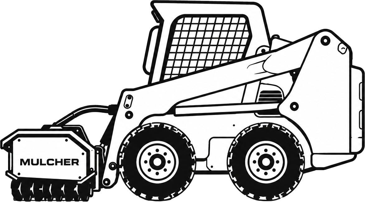 Black-and-white illustration of a skid steer loader with a front mulcher attachment.