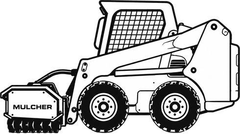 Black-and-white illustration of a skid steer loader with a front mulcher attachment.