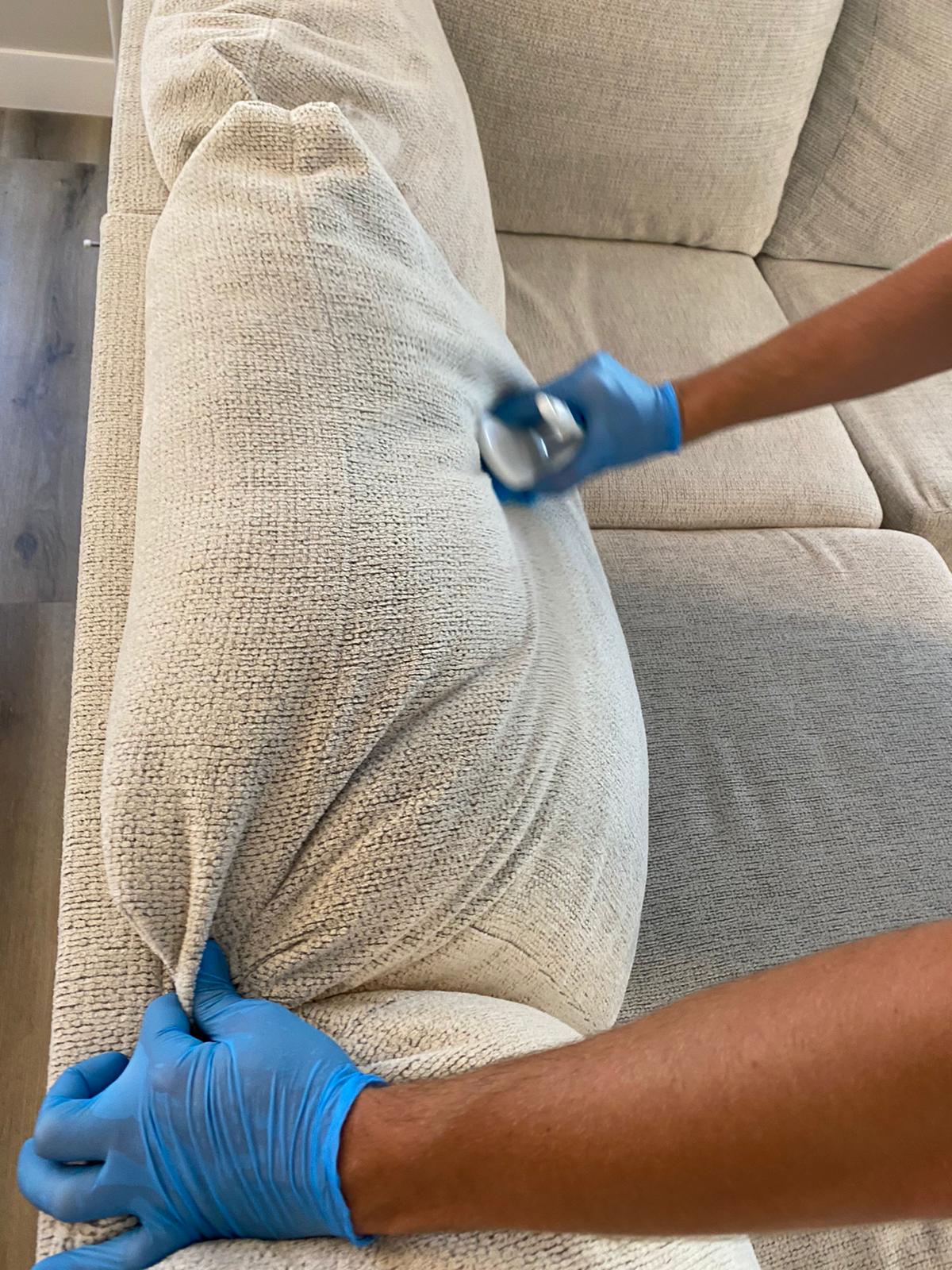 A person wearing blue gloves is cleaning a couch with a spray bottle.