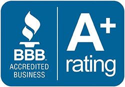 BBB Accredited Business logo with an A+ rating on a blue background.