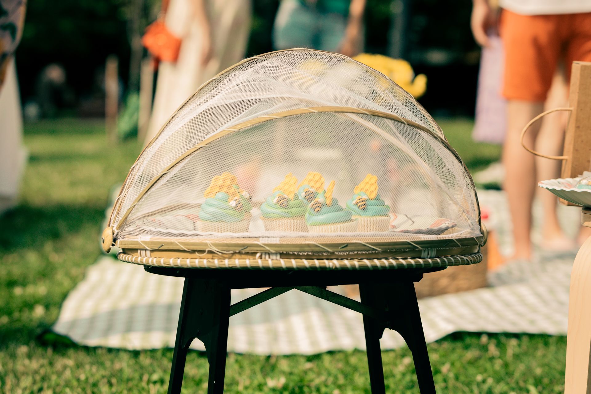 Three cupcakes are sitting on a stool under a mesh cover.