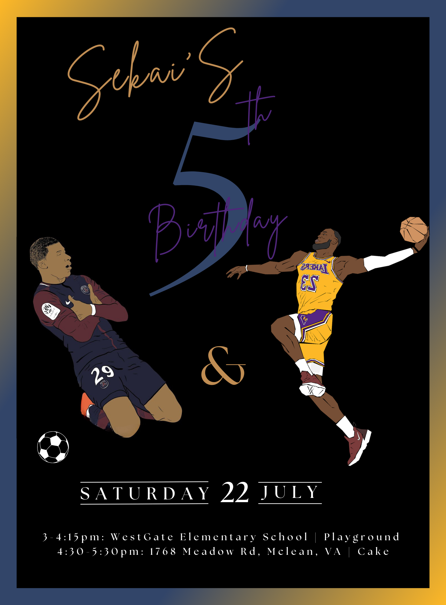 A birthday invitation for a boy with a soccer player and a basketball player.