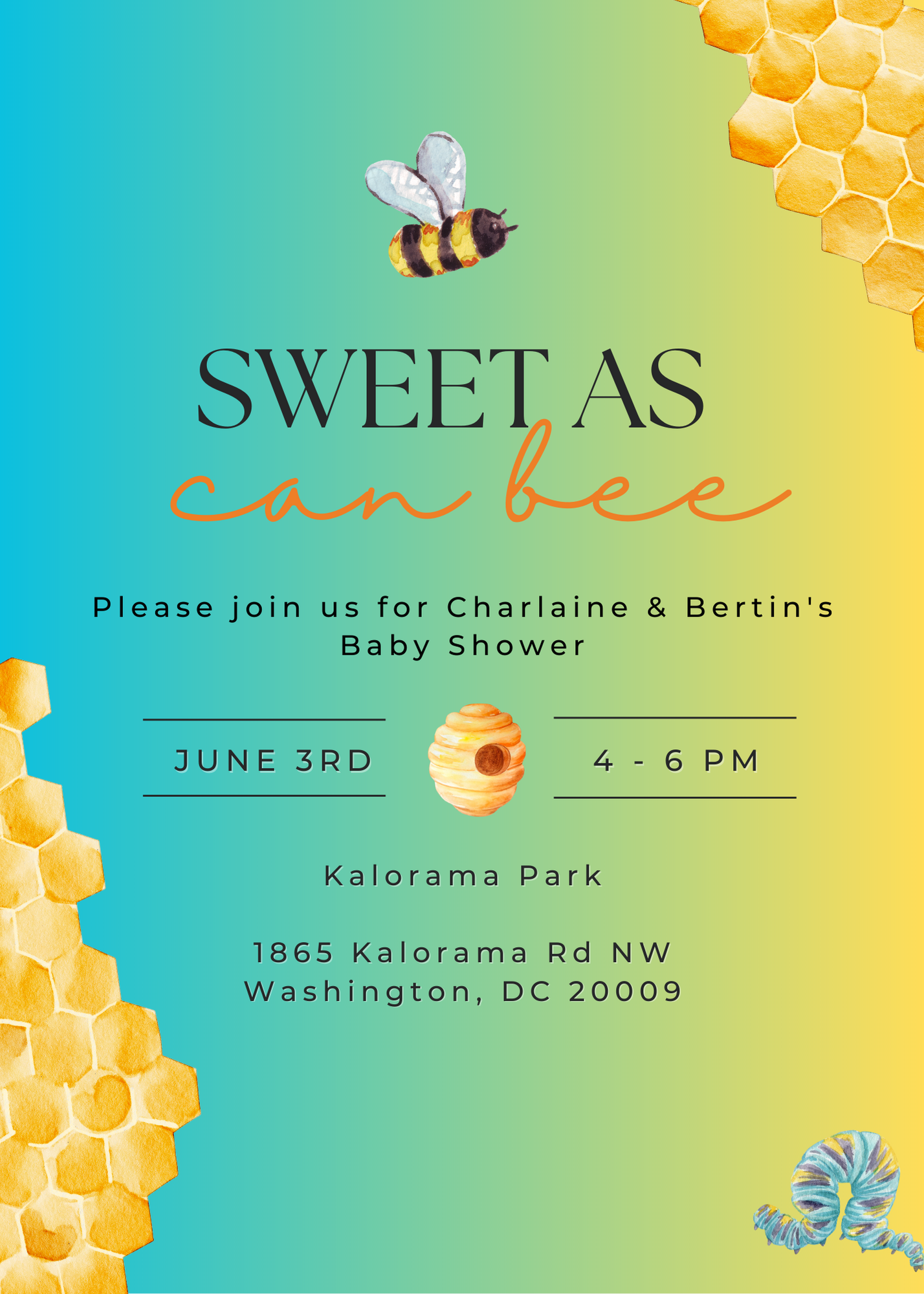 A baby shower invitation with a bee and honeycombs on a blue and yellow background.