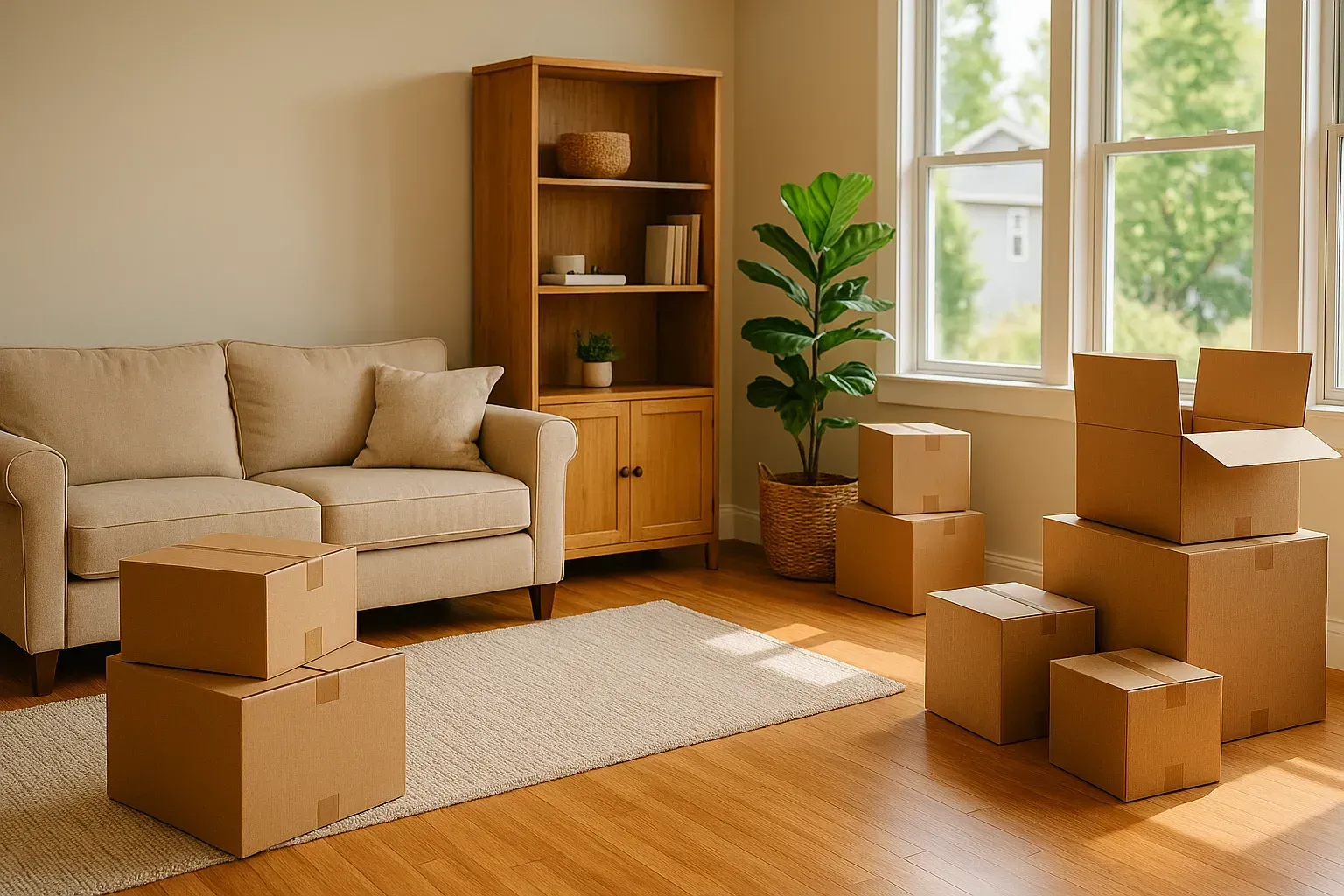 Boise living room with wood floors, beige sofa, wooden shelving, and half-packed moving boxes stacked near large windows with natural daylight streaming in.