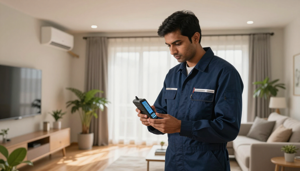 Technician in blue coveralls using a smartphone in a bright living room with plants and a sofa.
