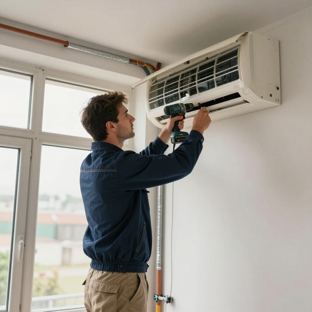 Technician installing a wall-mounted air conditioner with a drill in a bright room