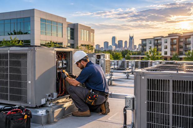 Technician kneels by rooftop HVAC units at sunset, with city buildings in the background.