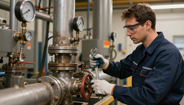 Technician inspecting industrial piping with pressure gauges in a factory setting