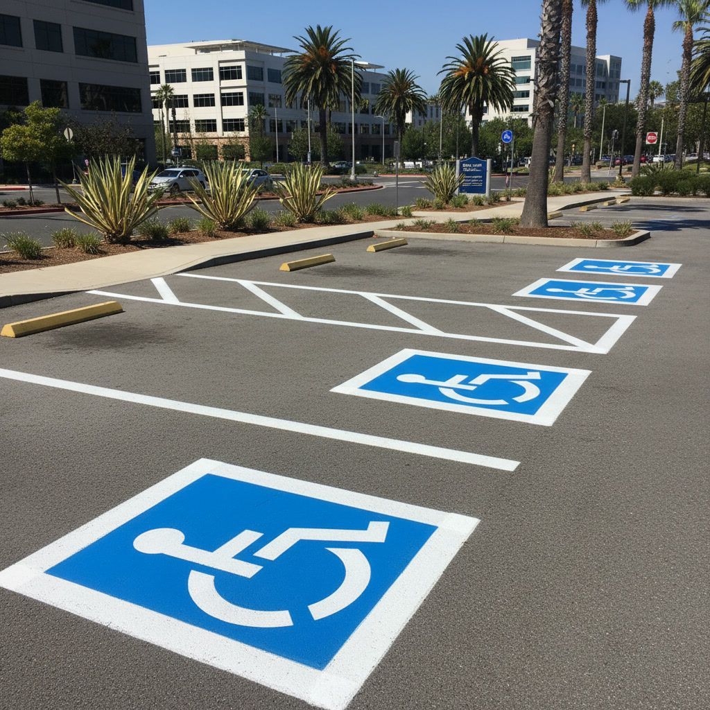 ADA parking lot striping in San Jose, CA with blue handicap spaces and access aisle markings