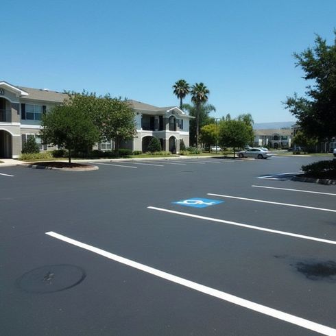 Professional parking lot striping at a gas station with clear yellow lines and numbered spaces