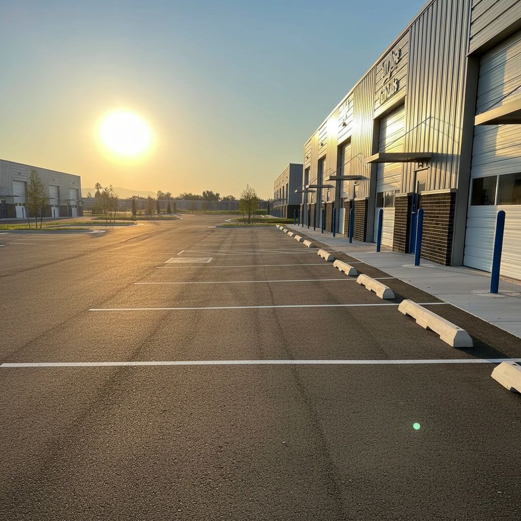 Commercial parking lot striping in San Jose, CA with clean white lines on asphalt near industrial buildings at sunset