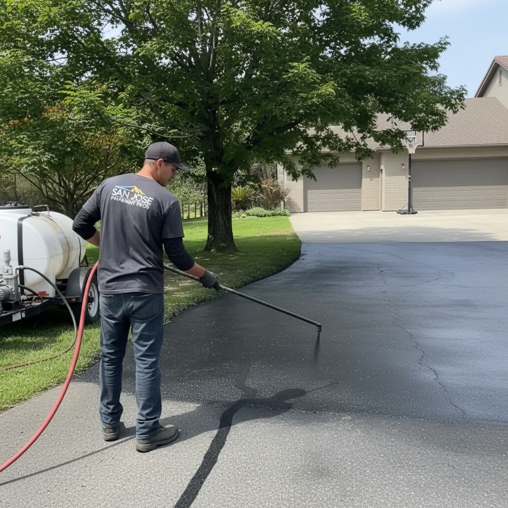 Driveway sealcoating in San Jose, CA with worker applying asphalt sealant for smooth protective finish