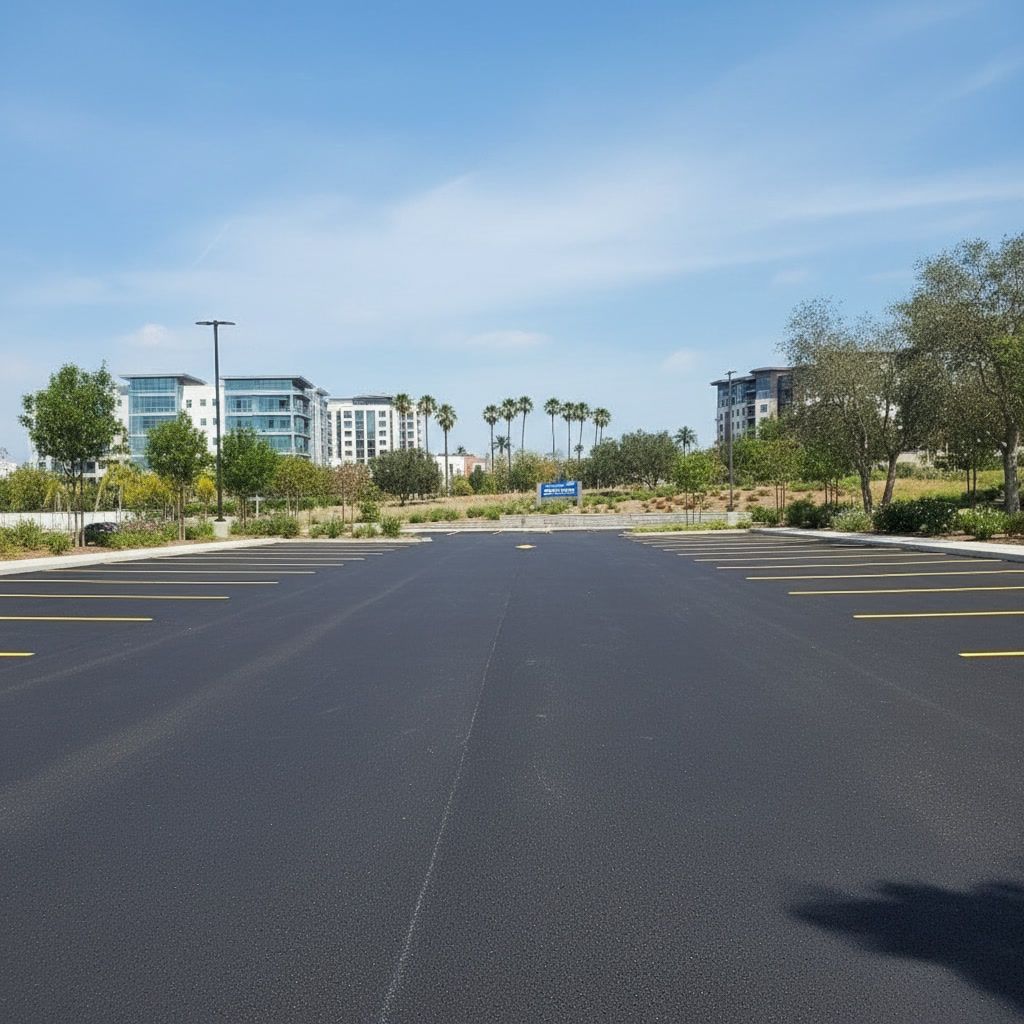 New parking lot striping in San Jose, CA with fresh asphalt and bright yellow parking lines