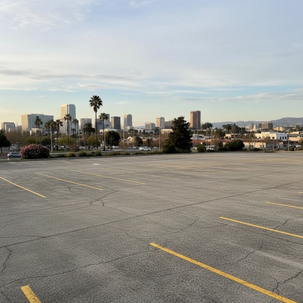 Parking lot striping in San Jose, CA with yellow lines and city skyline in the background