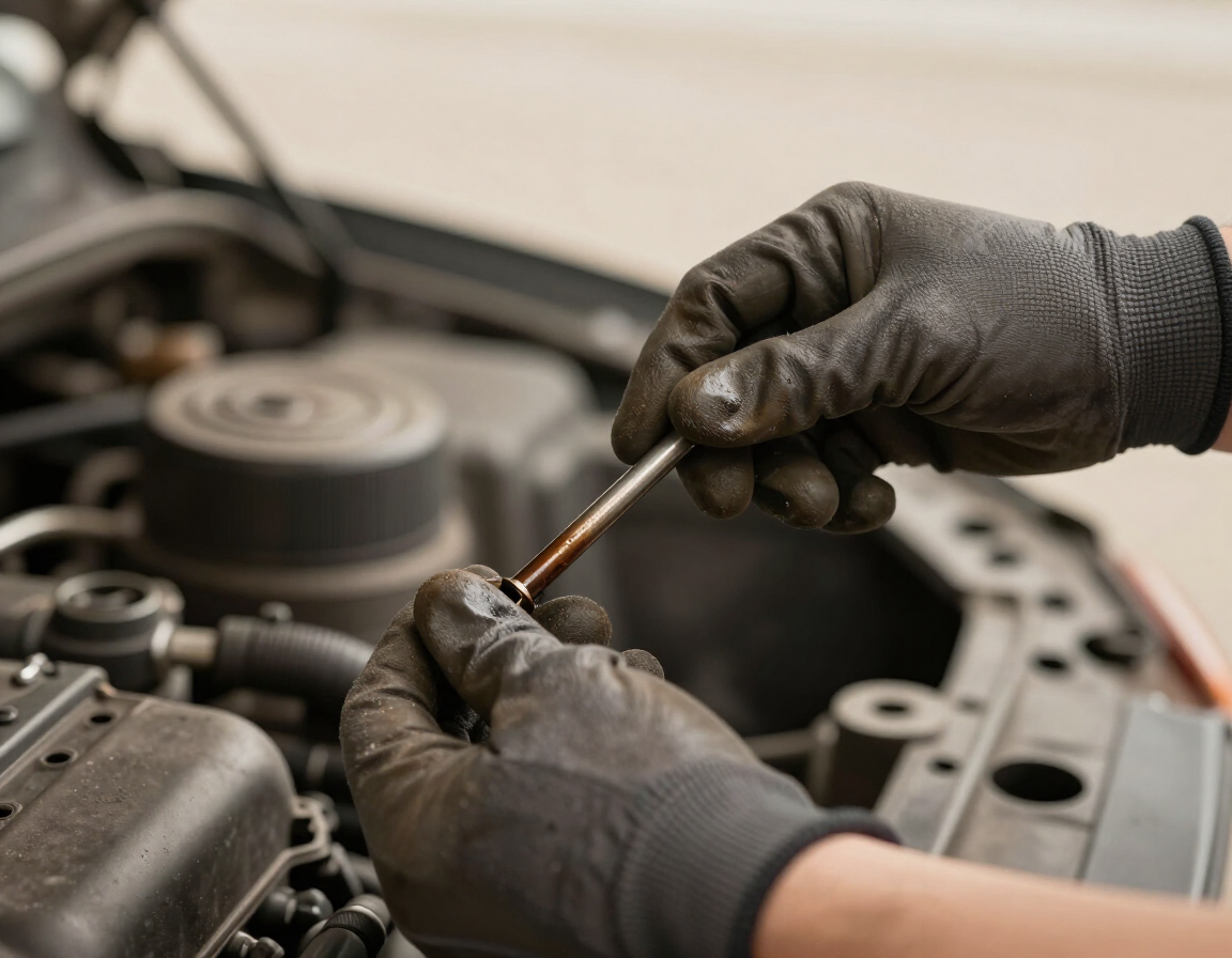 Technician checking oil dipstick