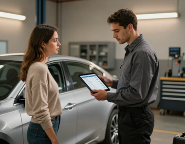 Technician explaining inspection checklist to a customer