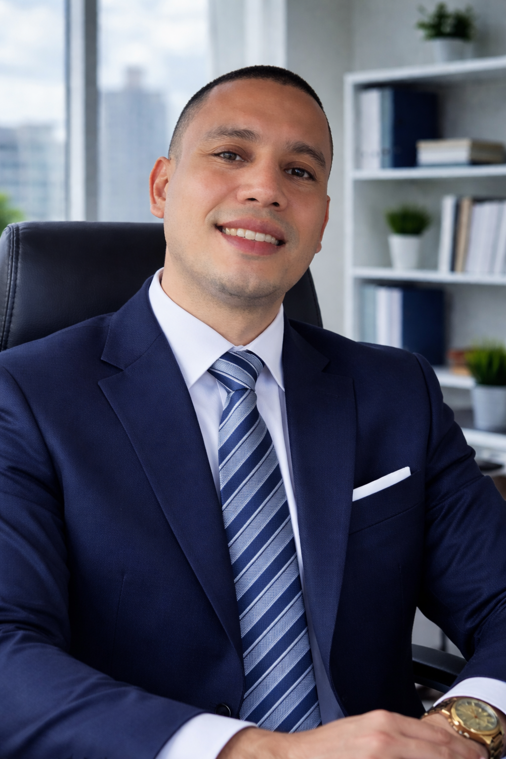 A man in a suit and white shirt is smiling for the camera.