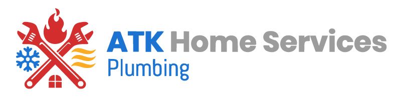 Logo for ATK Home Services Plumbing, featuring crossed red wrenches with icons for fire, cooling, and heating.