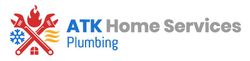 Logo for ATK Home Services Plumbing, featuring crossed red wrenches with icons for fire, cooling, and heating.