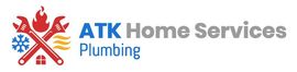 Logo for ATK Home Services Plumbing, featuring crossed red wrenches with icons for fire, cooling, and heating.
