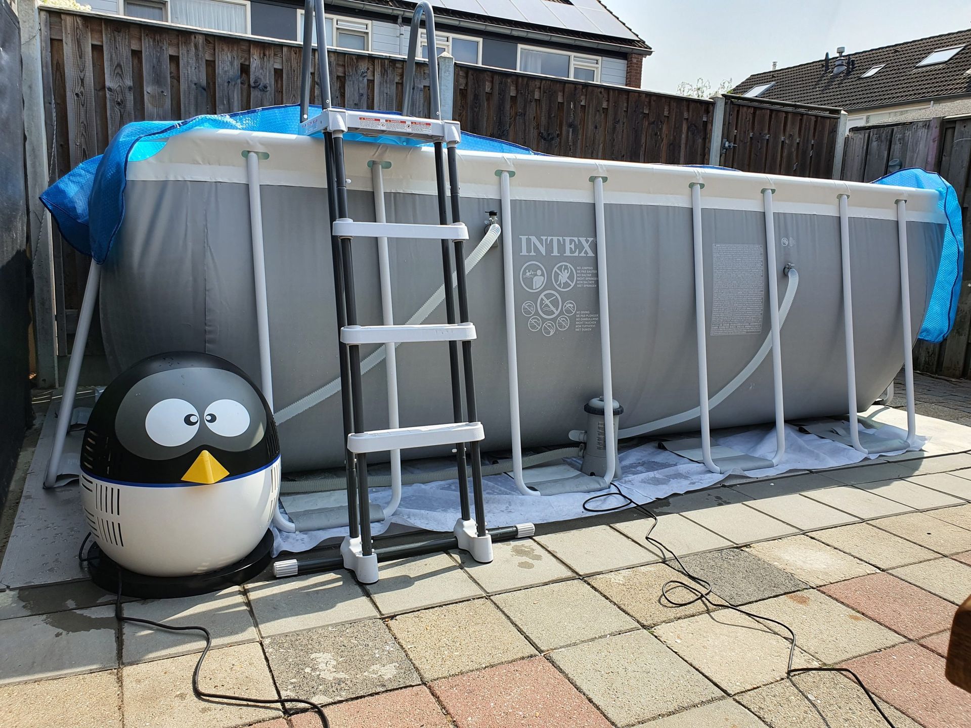 Een opblaasbare pinguïn zit naast een groot zwembad.