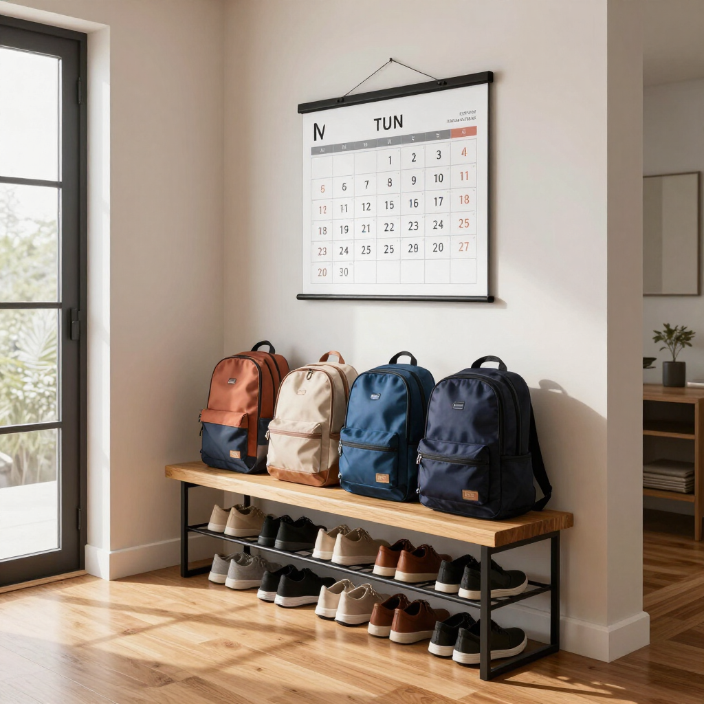 A perfectly organized family mudroom with school supplies ready.